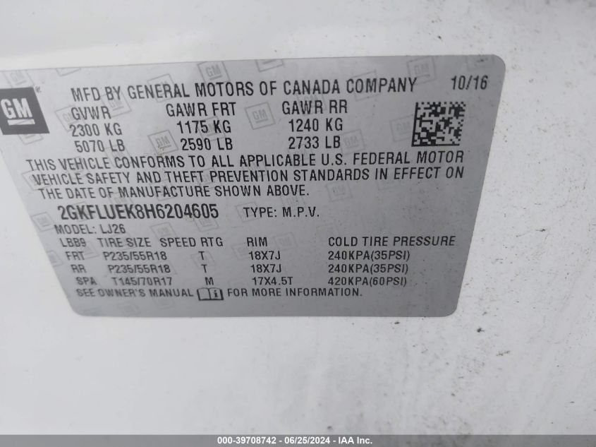 2017 GMC Terrain Slt VIN: 2GKFLUEK8H6204605 Lot: 39708742