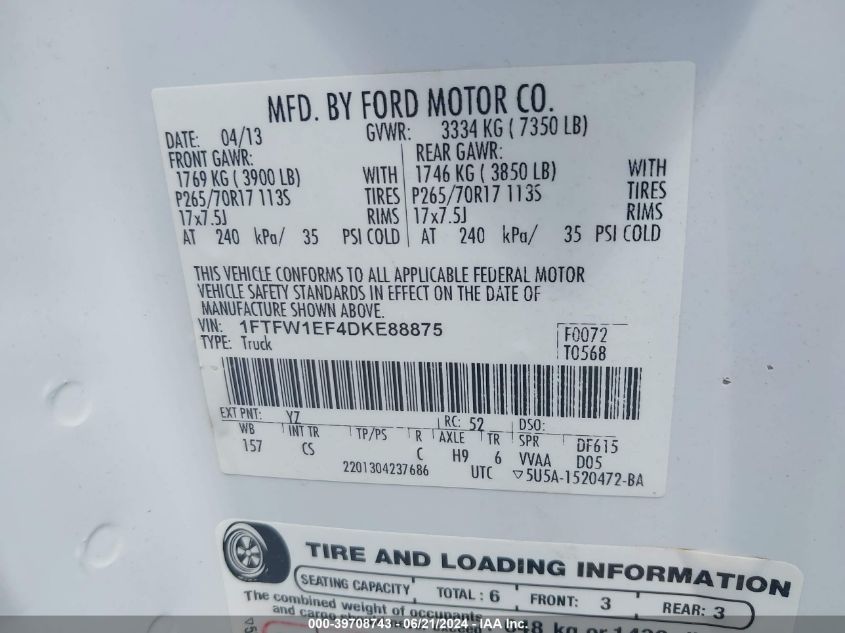 2013 Ford F-150 Xl VIN: 1FTFW1EF4DKE88875 Lot: 39708743