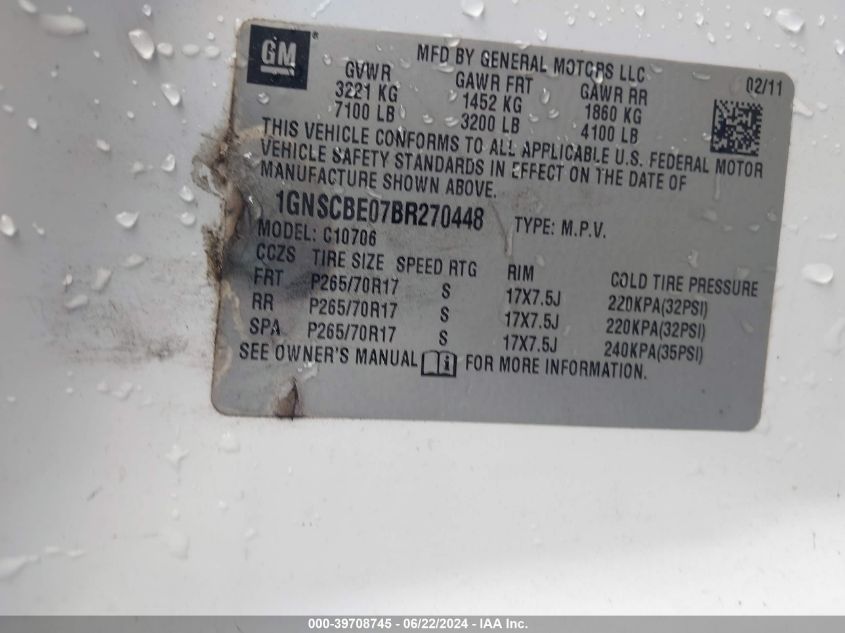 2011 Chevrolet Tahoe Lt VIN: 1GNSCBE07BR270448 Lot: 39708745