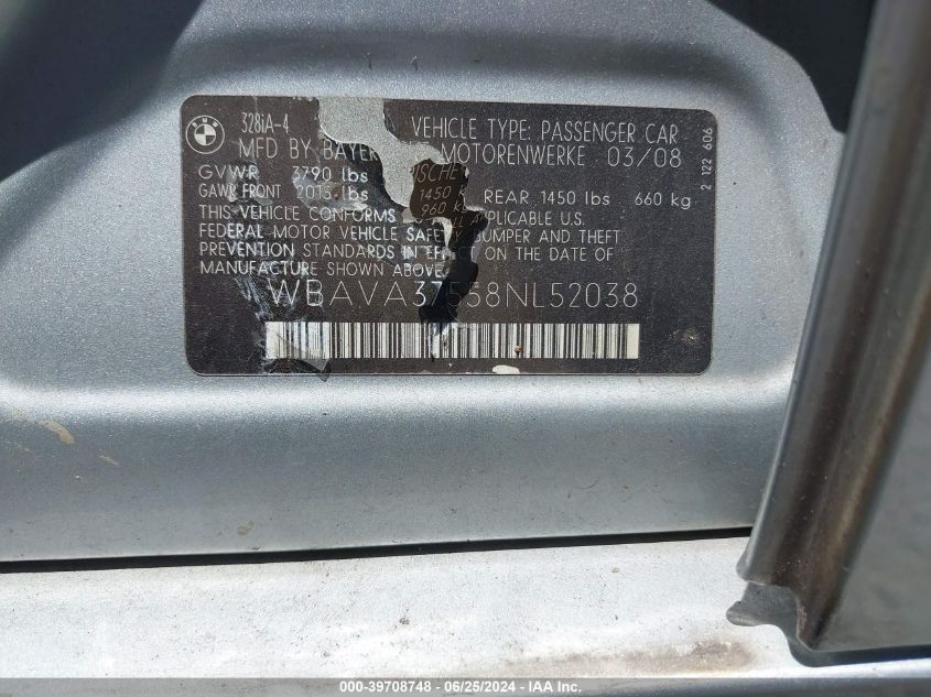 2008 BMW 328I VIN: WBAVA37558NL52038 Lot: 39708748