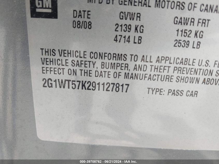 2009 Chevrolet Impala 1Lt VIN: 2G1WT57K291127817 Lot: 39708762