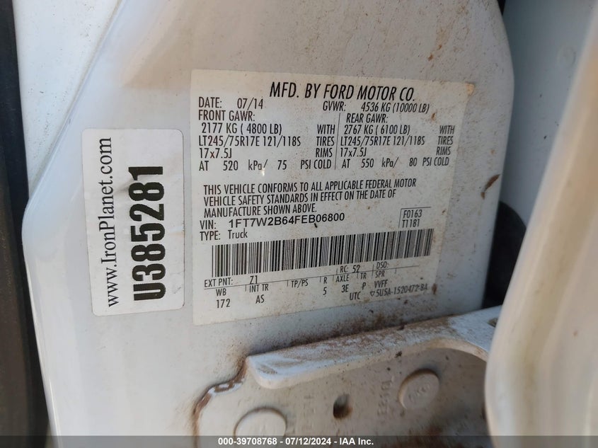 2015 Ford F-250 Xl VIN: 1FT7W2B64FEB06800 Lot: 39708768