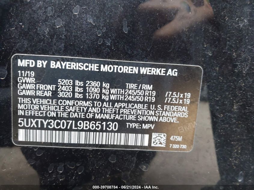 2020 BMW X3 Sdrive30I VIN: 5UXTY3C07L9B65130 Lot: 39708784