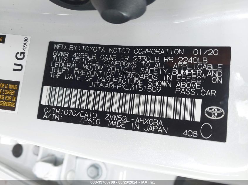 2020 Toyota Prius Prime Xle VIN: JTDKARFPXL3151509 Lot: 39708788