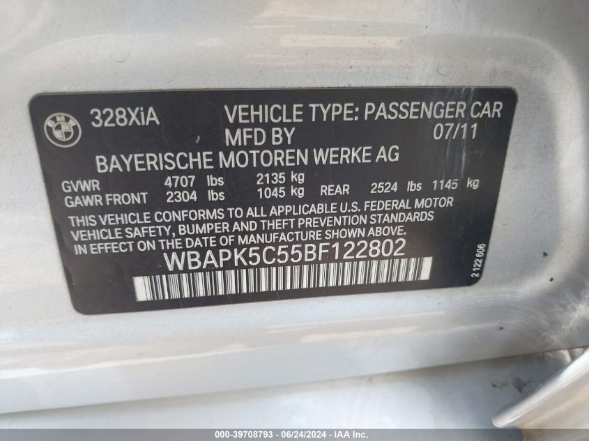 2011 BMW 328I xDrive VIN: WBAPK5C55BF122802 Lot: 39708793