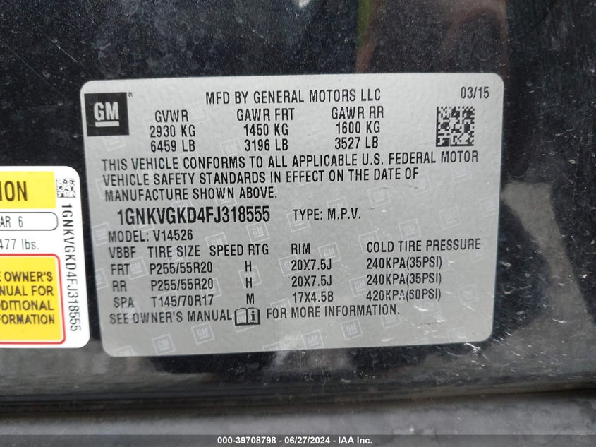 2015 Chevrolet Traverse 1Lt VIN: 1GNKVGKD4FJ318555 Lot: 39708798