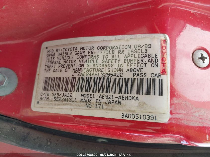 1990 Toyota Corolla Dlx VIN: JT2AE94A6L3295422 Lot: 39708800