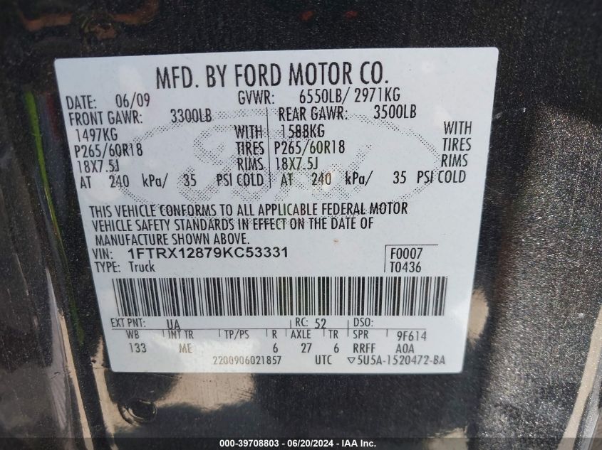 2009 Ford F-150 Stx/Xl/Xlt VIN: 1FTRX12879KC53331 Lot: 39708803