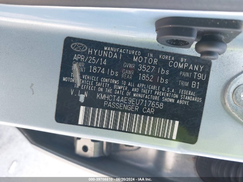 2014 Hyundai Accent Gls VIN: KMHCT4AE9EU717658 Lot: 39708810