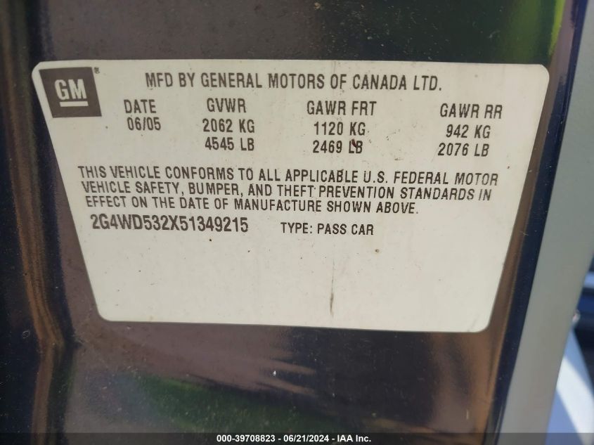 2005 Buick Lacrosse Cxl VIN: 2G4WD532X51349215 Lot: 39708823