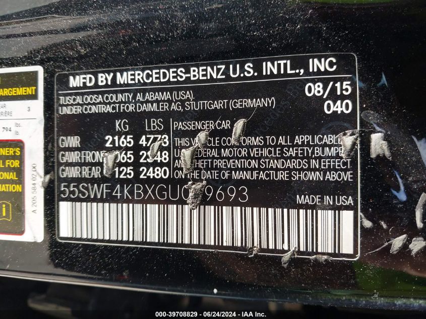 2016 Mercedes-Benz C 300 4Matic/Luxury 4Matic/Sport 4Matic VIN: 55SWF4KBXGU099693 Lot: 39708829