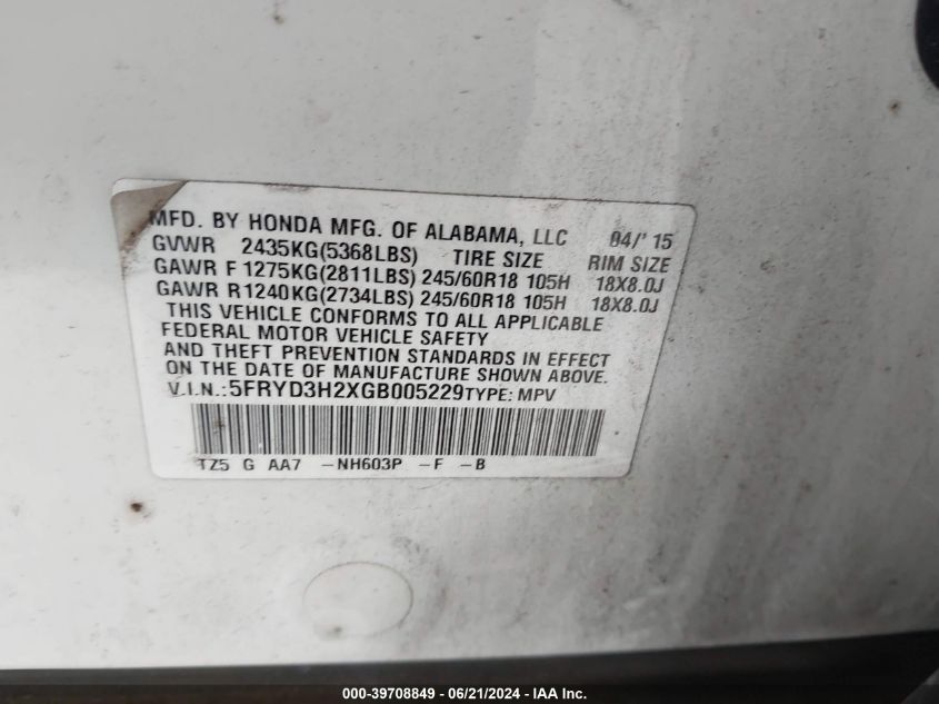 2016 Acura Mdx Acurawatch Plus Package VIN: 5FRYD3H2XGB005229 Lot: 39708849