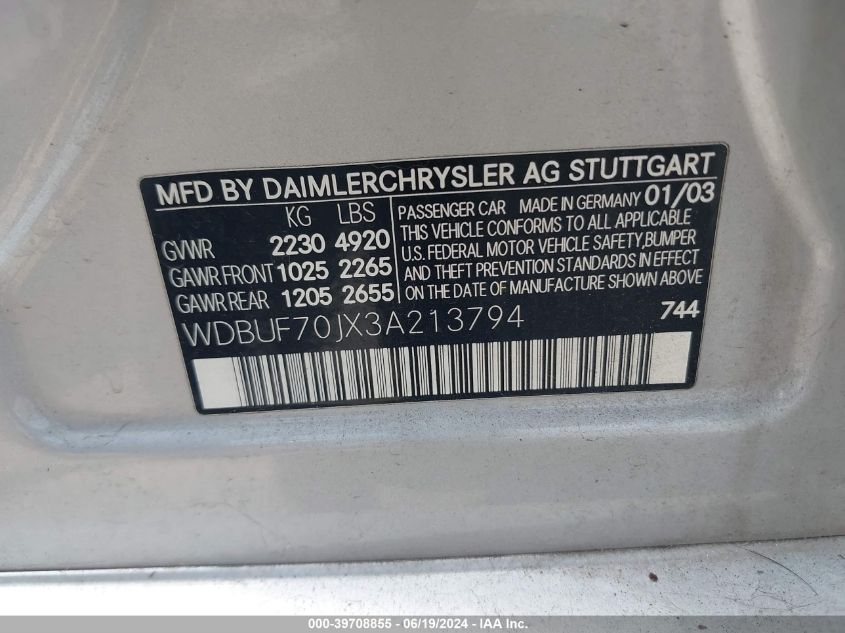 WDBUF70JX3A213794 2003 Mercedes-Benz E 500