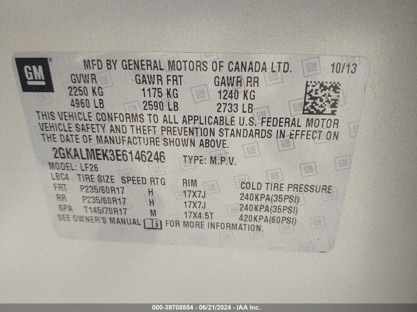 2014 GMC Terrain Sle-1 VIN: 2GKALMEK3E6146246 Lot: 39708854