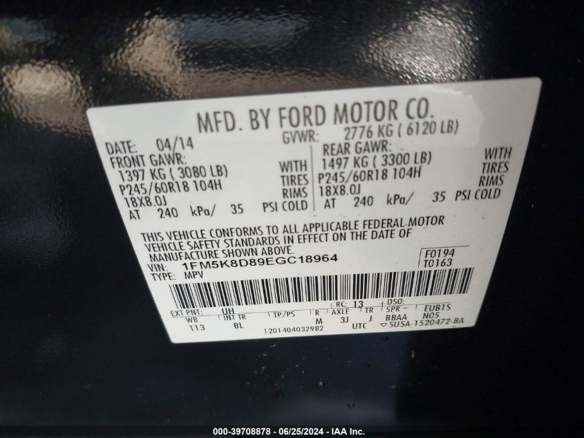 2014 Ford Explorer Xlt VIN: 1FM5K8D89EGC18964 Lot: 39708878