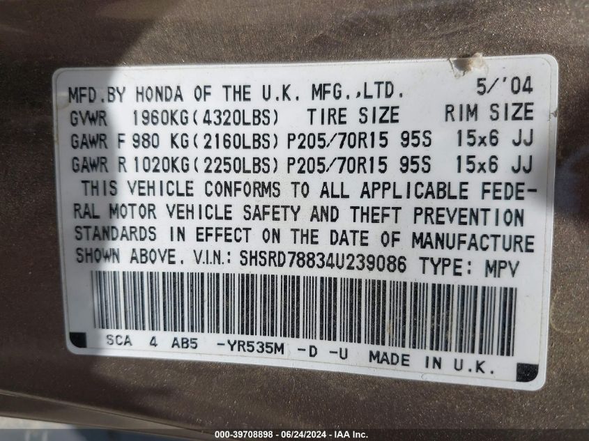 2004 Honda Cr-V Ex VIN: SHSRD78834U239086 Lot: 39708898