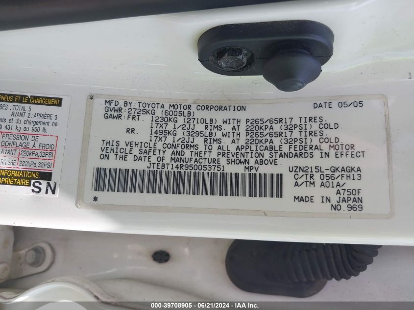 2005 Toyota 4Runner Sr5 Sport V8 VIN: JTEBT14R950053751 Lot: 39708905