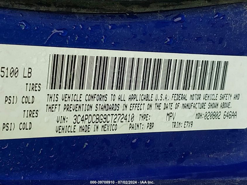 2012 Dodge Journey Sxt VIN: 3C4PDCBG9CT272410 Lot: 39708910