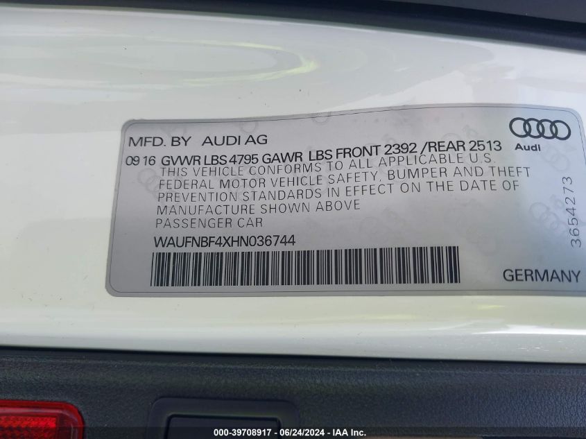 2017 Audi A4 2.0T Premium VIN: WAUFNBF4XHN036744 Lot: 39708917