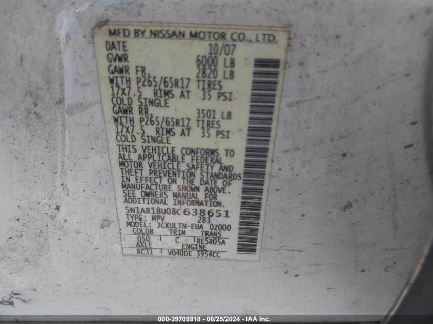 2008 Nissan Pathfinder Se VIN: 5N1AR18U08C638651 Lot: 39708918