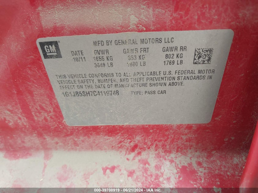 2012 Chevrolet Sonic 1Ls VIN: 1G1JB5SH7C4119748 Lot: 39708919