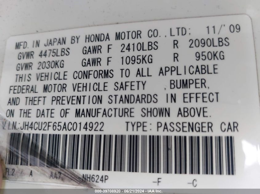 2010 Acura Tsx 2.4 VIN: JH4CU2F65AC014922 Lot: 39708920