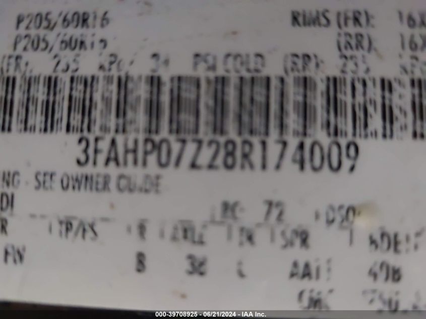 2008 Ford Fusion Se VIN: 3FAHP07Z28R174009 Lot: 39708925