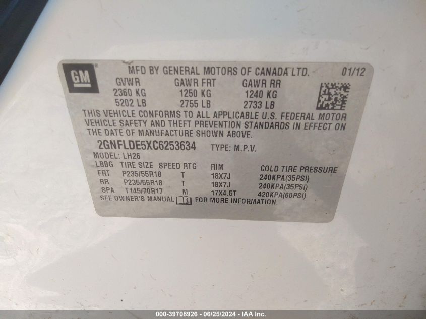 2012 Chevrolet Equinox 1Lt VIN: 2GNFLDE5XC6253634 Lot: 39708926