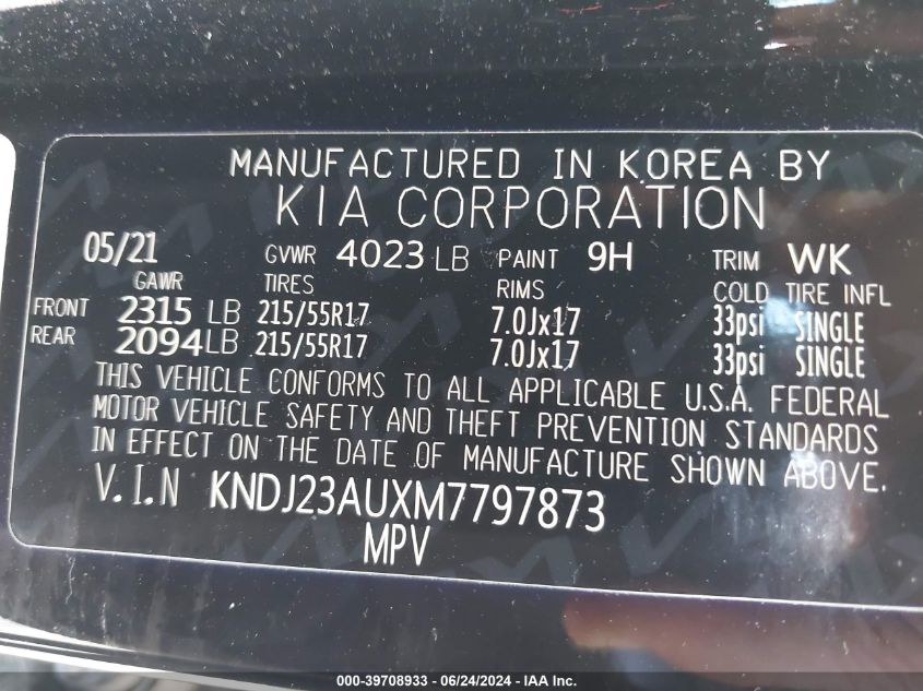 2021 Kia Soul S VIN: KNDJ23AUXM7797873 Lot: 39708933