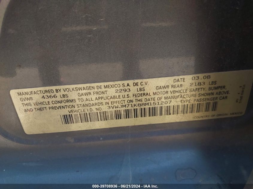 2008 Volkswagen Jetta S VIN: 3VWJM71K88M151207 Lot: 39708936