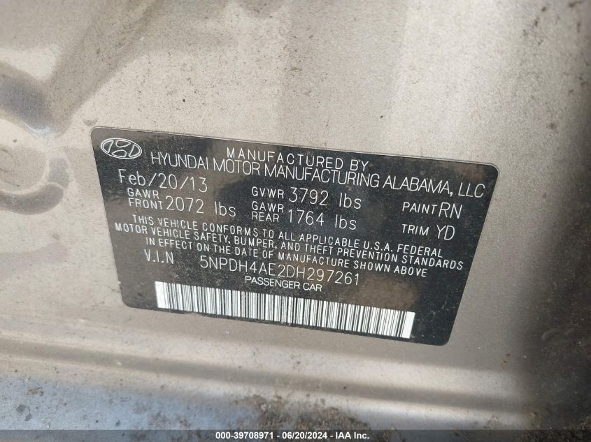 2013 Hyundai Elantra Gls/Limited VIN: 5NPDH4AE2DH297261 Lot: 39708971