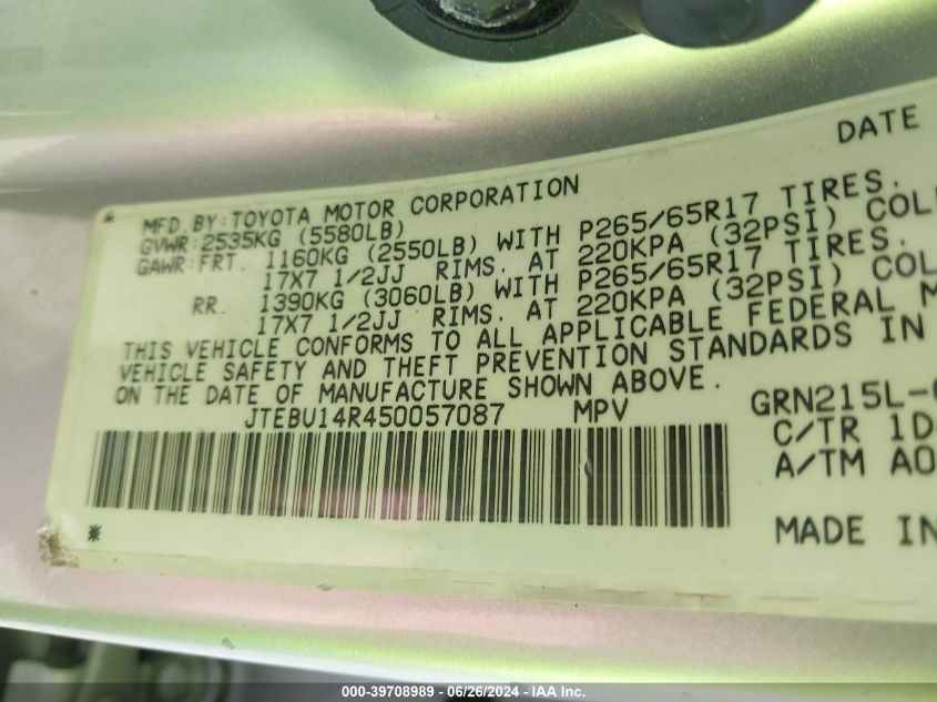 2005 Toyota 4Runner Sr5/Sport VIN: JTEBU14R450057087 Lot: 39708989