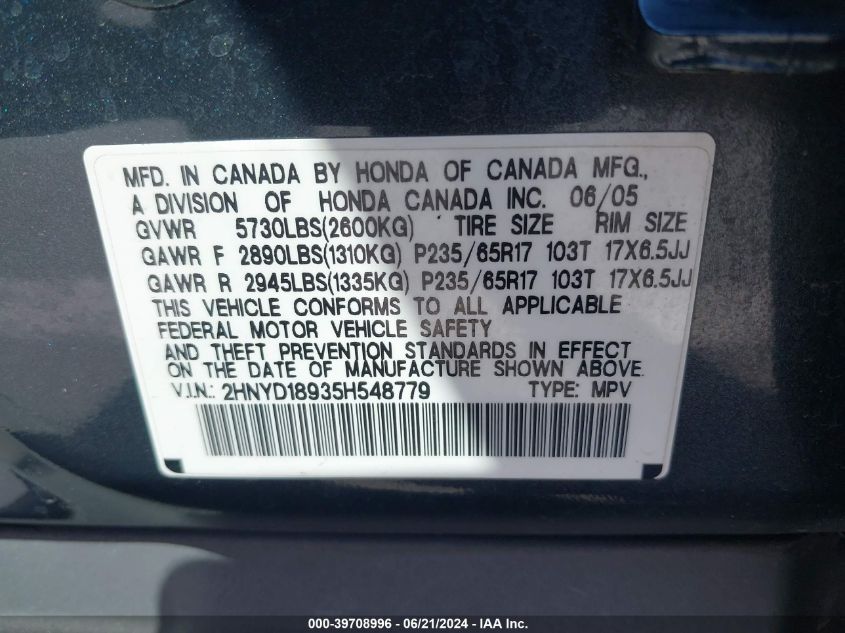 2005 Acura Mdx VIN: 2HNYD18935H548779 Lot: 39708996