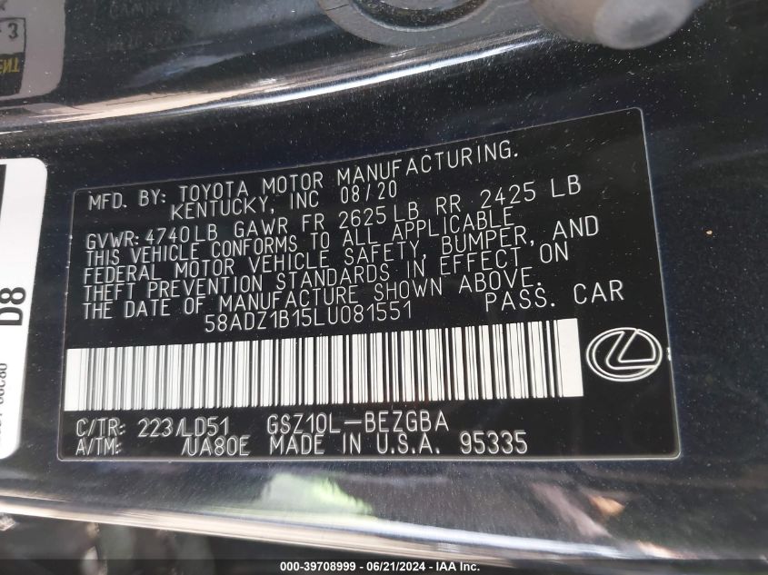 2020 Lexus Es 350 VIN: 58ADZ1B15LU081551 Lot: 39708999