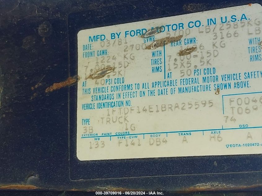 1981 Ford F150 VIN: 1FTDF14E1BRA25595 Lot: 39709016