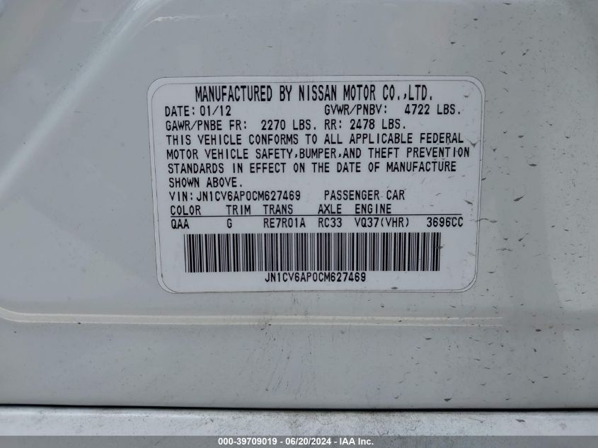 2012 Infiniti G37 Journey VIN: JN1CV6AP0CM627469 Lot: 39709019
