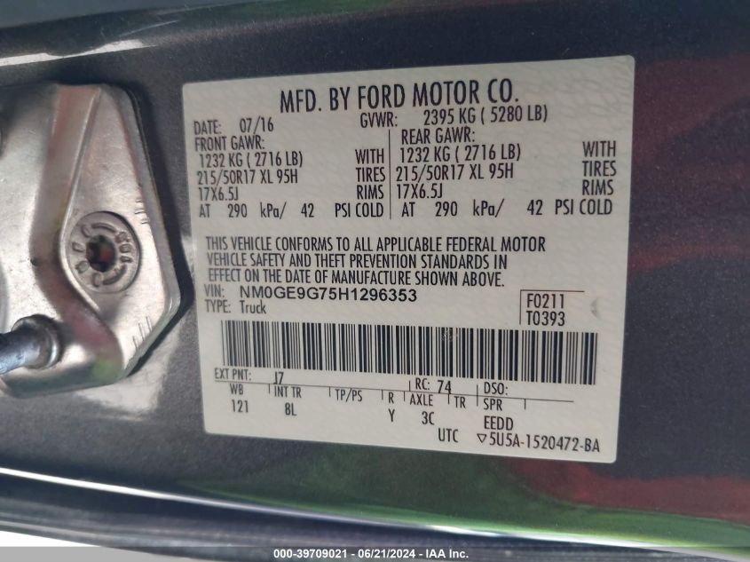 2017 Ford Transit Connect Titanium VIN: NM0GE9G75H1296353 Lot: 39709021