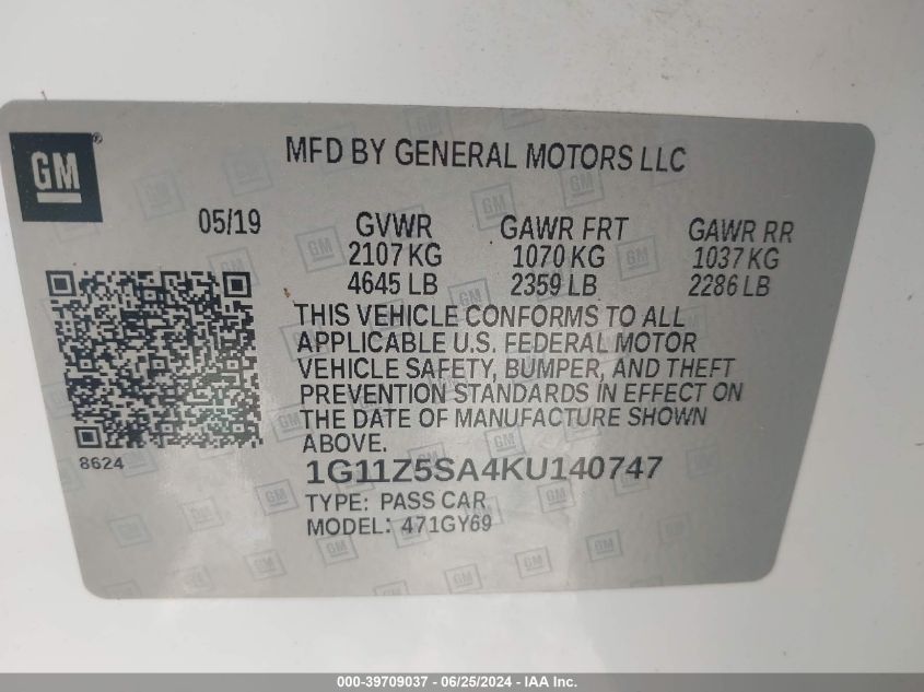 2019 Chevrolet Impala Lt VIN: 1G11Z5SA4KU140747 Lot: 39709037