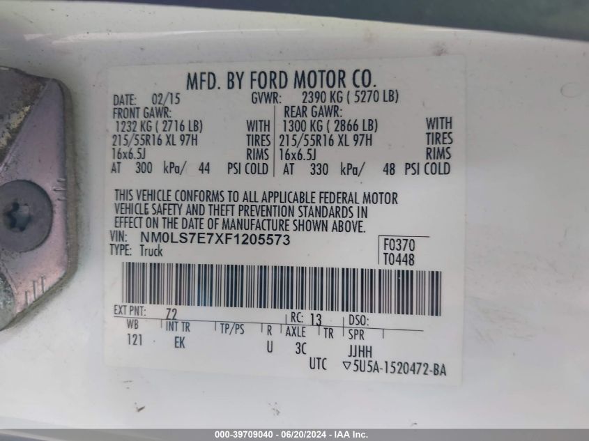 2015 Ford Transit Connect Xl VIN: NM0LS7E7XF1205573 Lot: 39709040