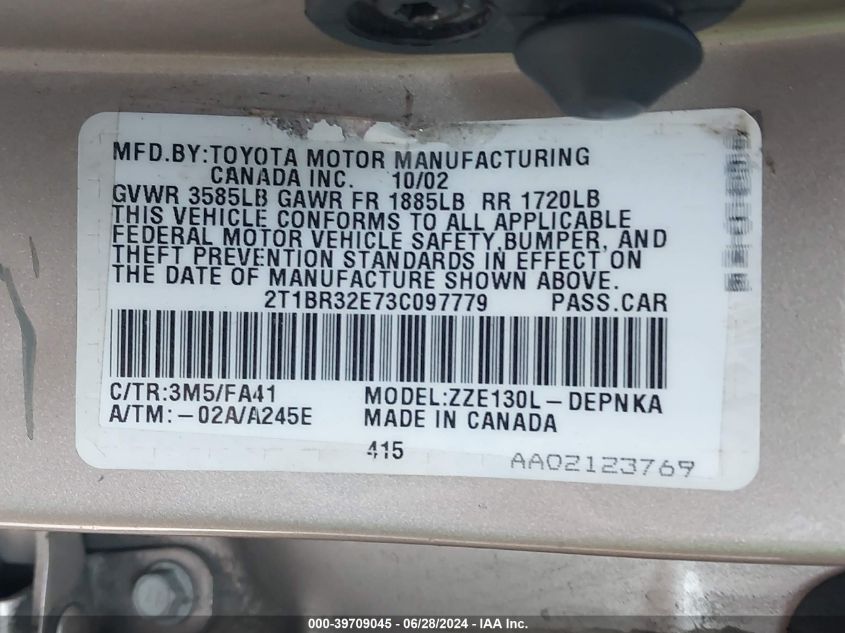 2003 Toyota Corolla Le VIN: 2T1BR32E73C097779 Lot: 39709045