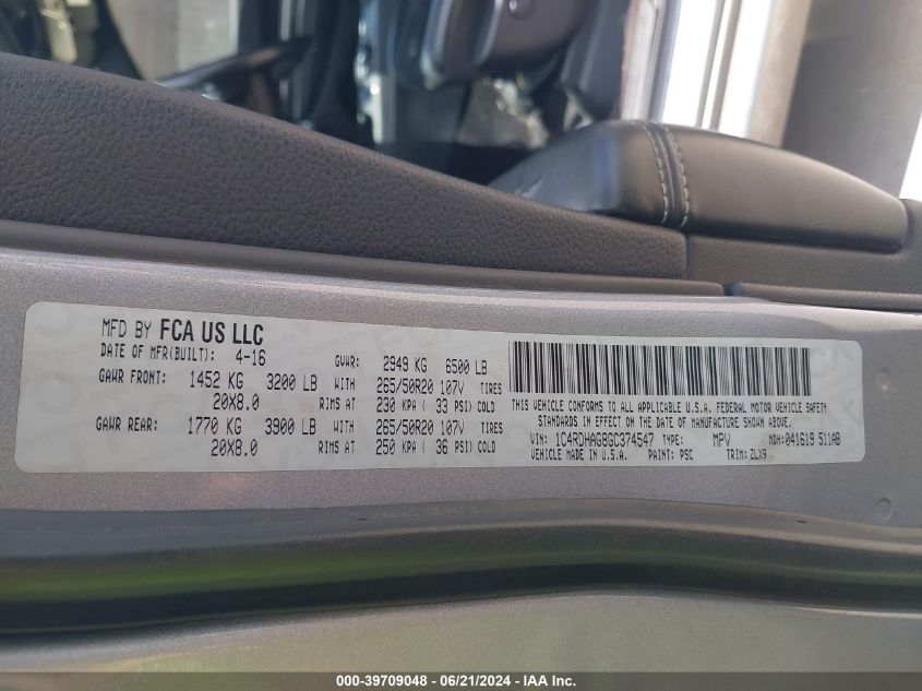 2016 Dodge Durango Sxt VIN: 1C4RDHAG8GC374547 Lot: 39709048