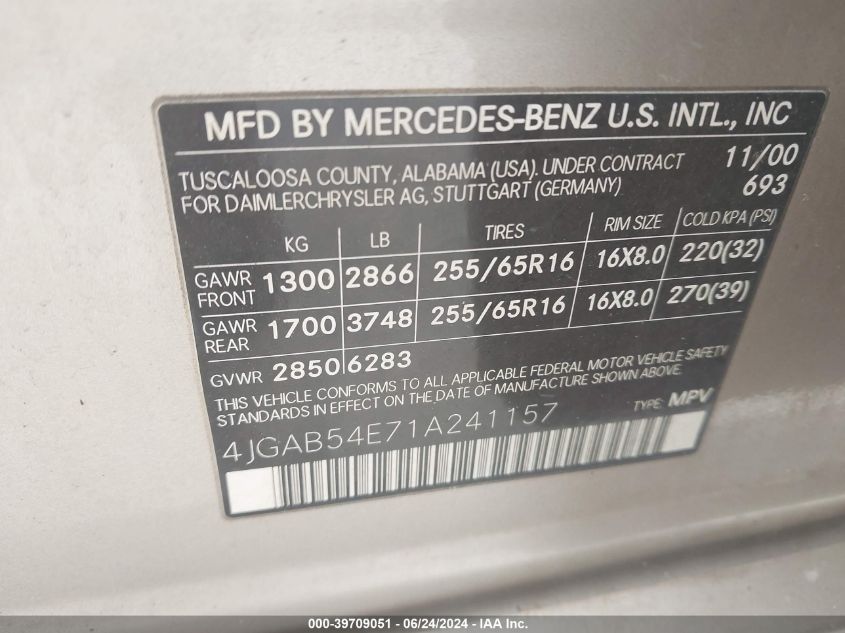 2001 Mercedes-Benz Ml 320 VIN: 4JGAB54E71A241157 Lot: 39709051