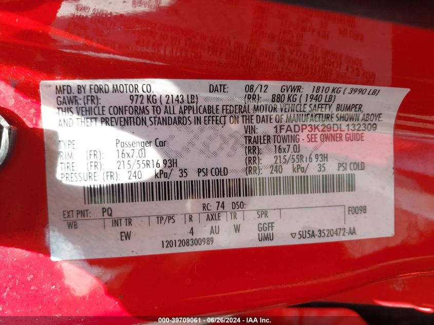 2013 Ford Focus Se VIN: 1FADP3K29DL132309 Lot: 39709061