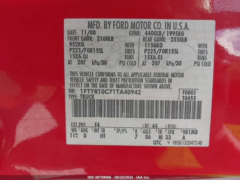 2001 Ford Ranger VIN: 1FTYR10C71TA40942 Lot: 39709066