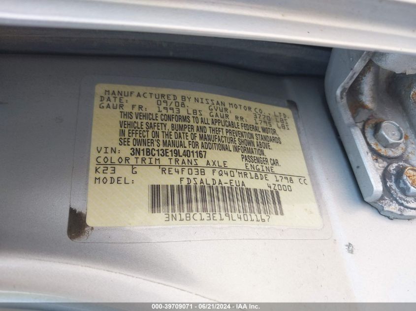 2009 Nissan Versa 1.8S VIN: 3N1BC13E19L401167 Lot: 39709071