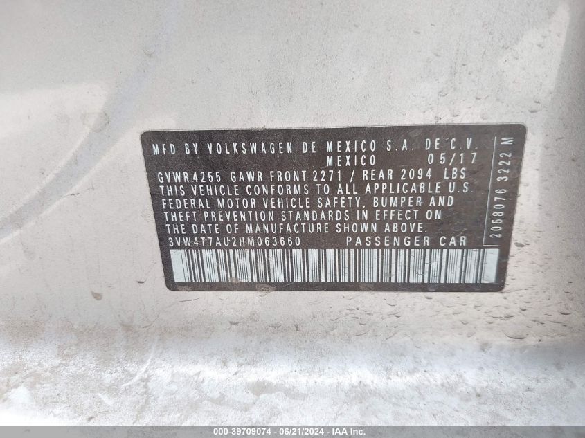 2017 Volkswagen Gti S VIN: 3VW4T7AU2HM063660 Lot: 39709074