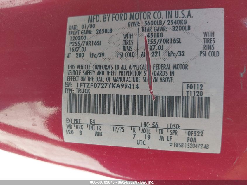 2000 Ford F-150 Xl/Xlt VIN: 1FTZF0727YKA99414 Lot: 39709075