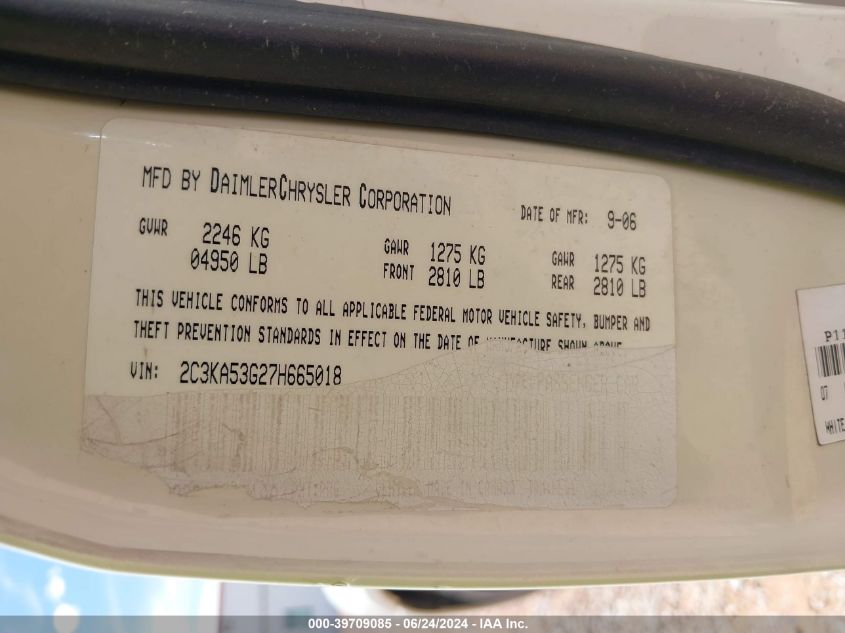 2007 Chrysler 300 Touring VIN: 2C3KA53G27H665018 Lot: 39709085