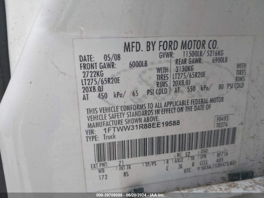 2008 Ford F-350 Fx4/Harley-Davidson/King Ranch/Lariat/Xl/Xlt VIN: 1FTWW31R88EE19588 Lot: 39709088