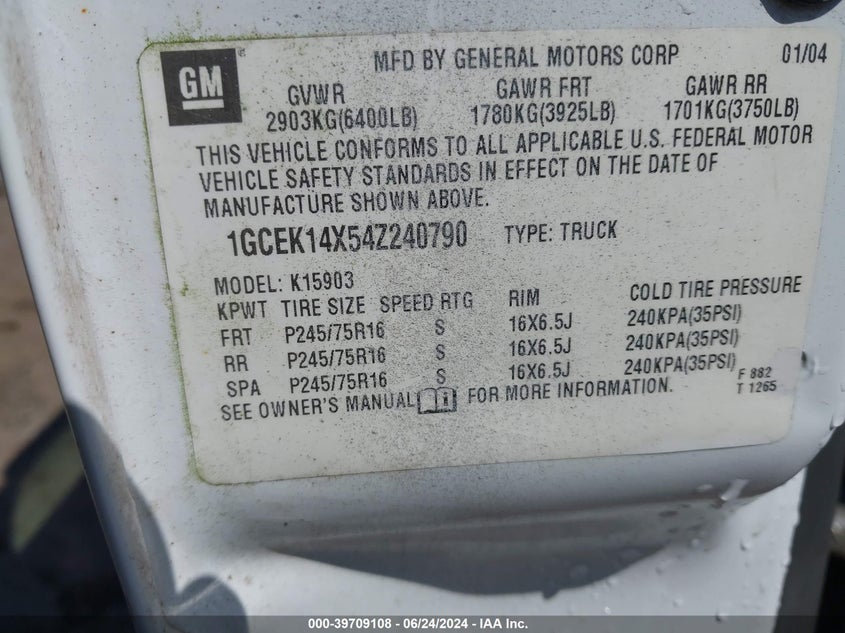 2004 Chevrolet Silverado 1500 Work Truck VIN: 1GCEK14X54Z240790 Lot: 39709108